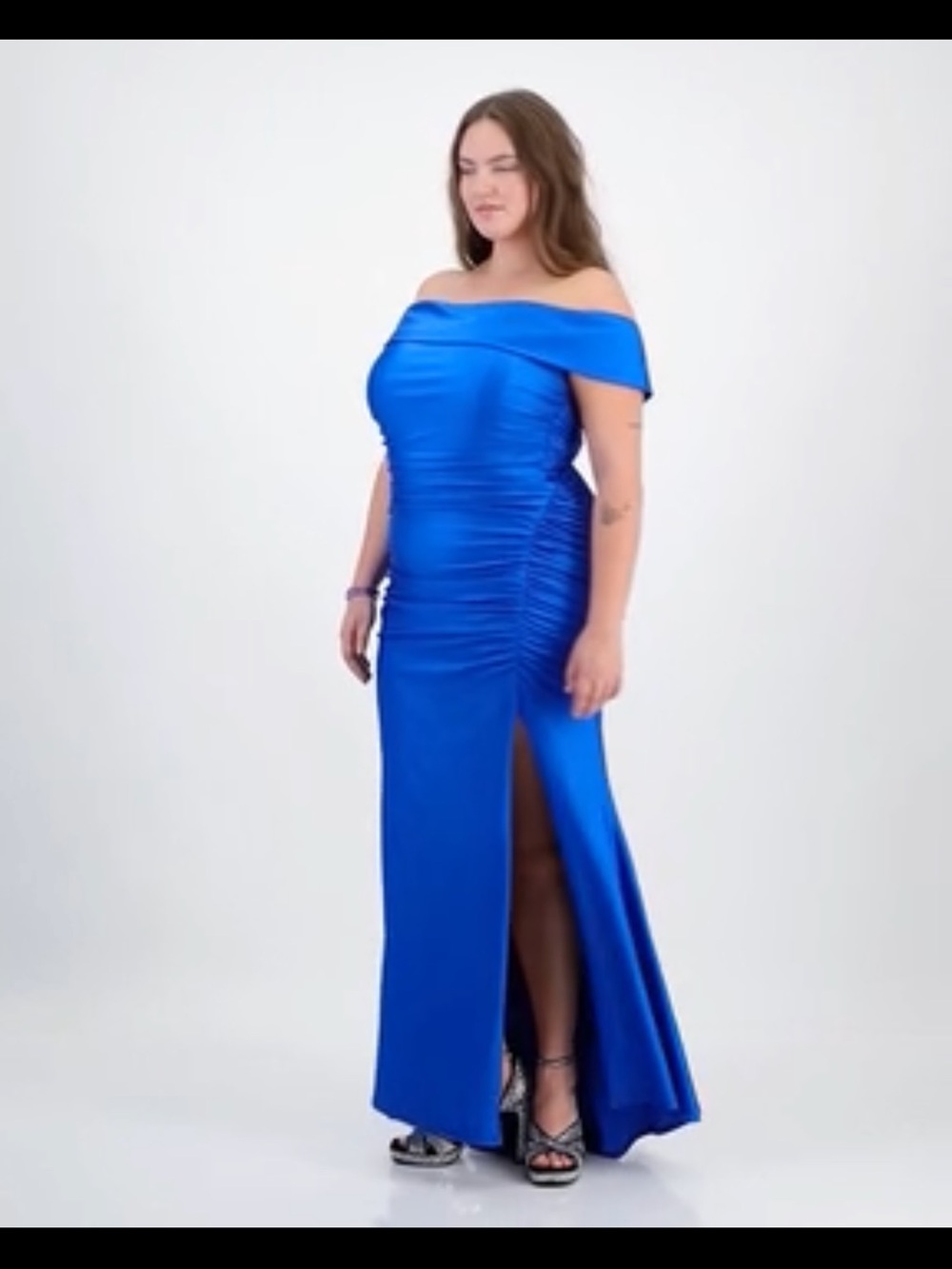 B Darlin Off-Shoulder Royal Blue Ruched Maxi Dress with Side Slit